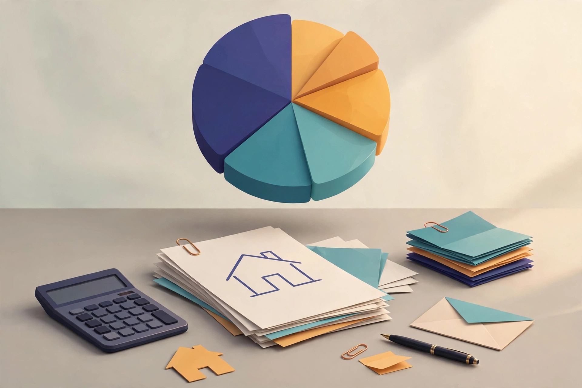 Pie chart breaking down home closing costs into fee categories beside a calculator and house documents