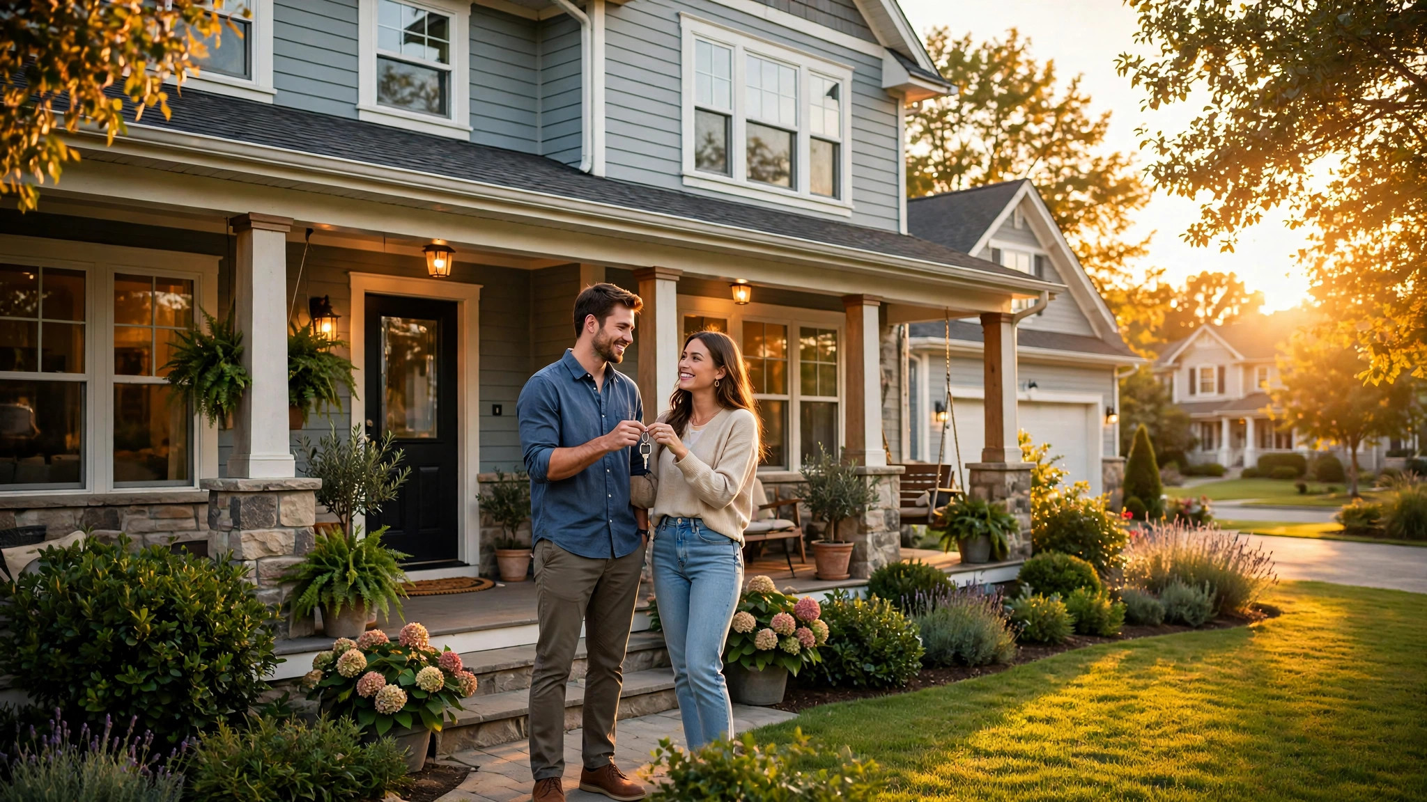 Couple holding house keys on the porch of a suburban home
