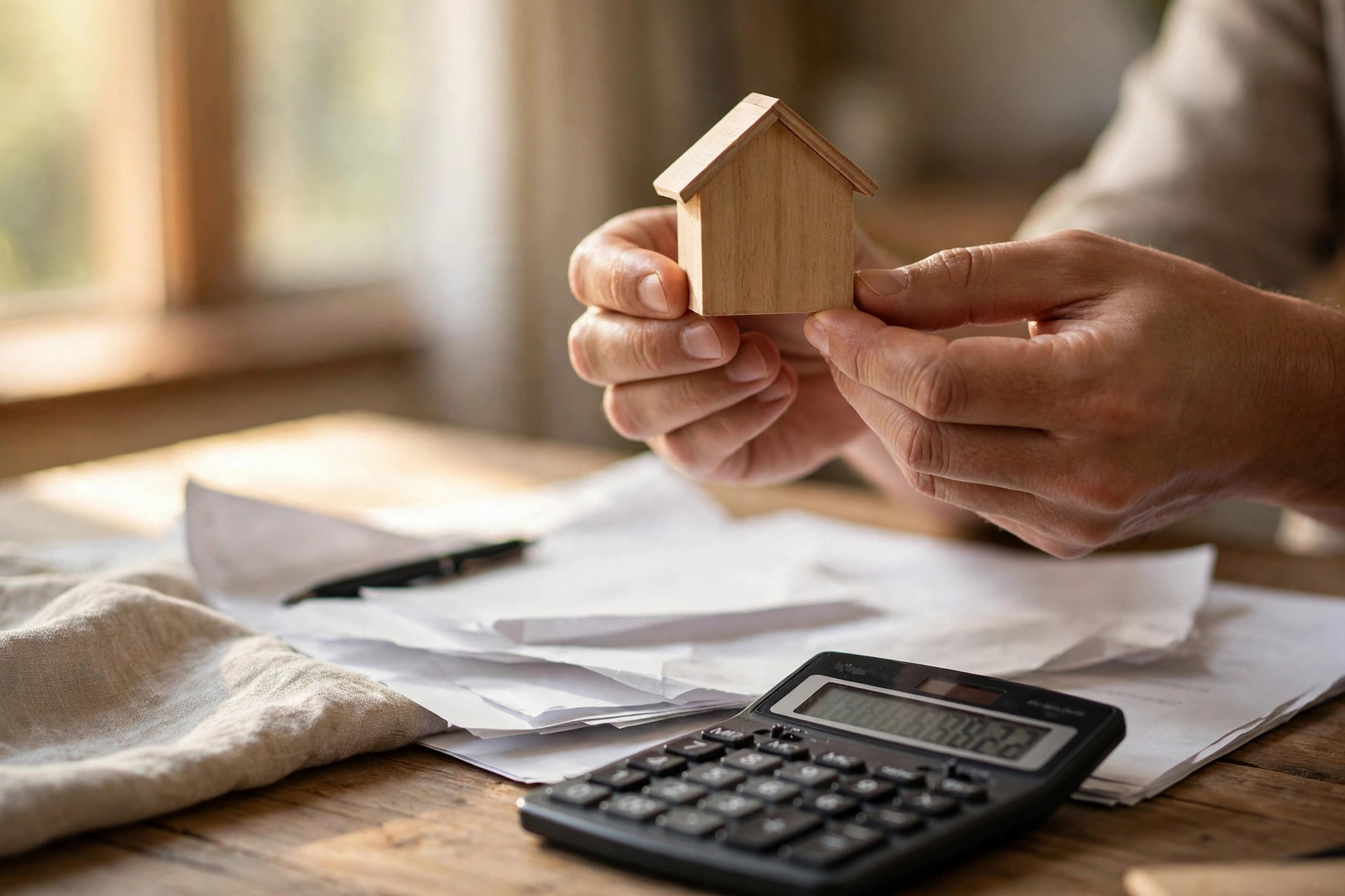 Hands holding a model house over a calculator and mortgage papers