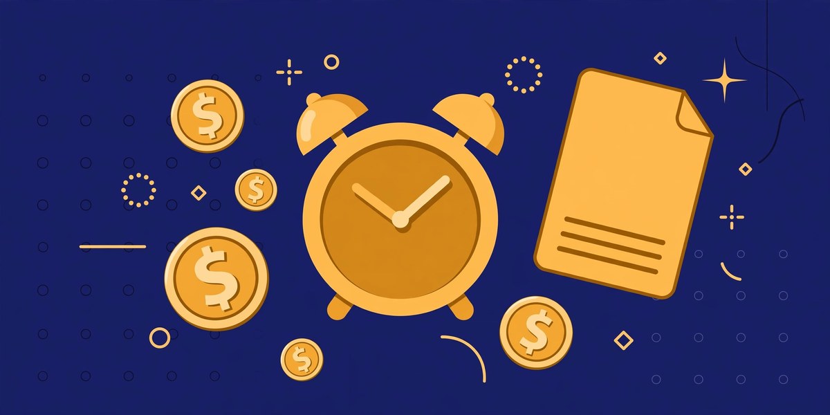Alarm clock with dollar coins and a paycheck illustrating overtime pay calculation