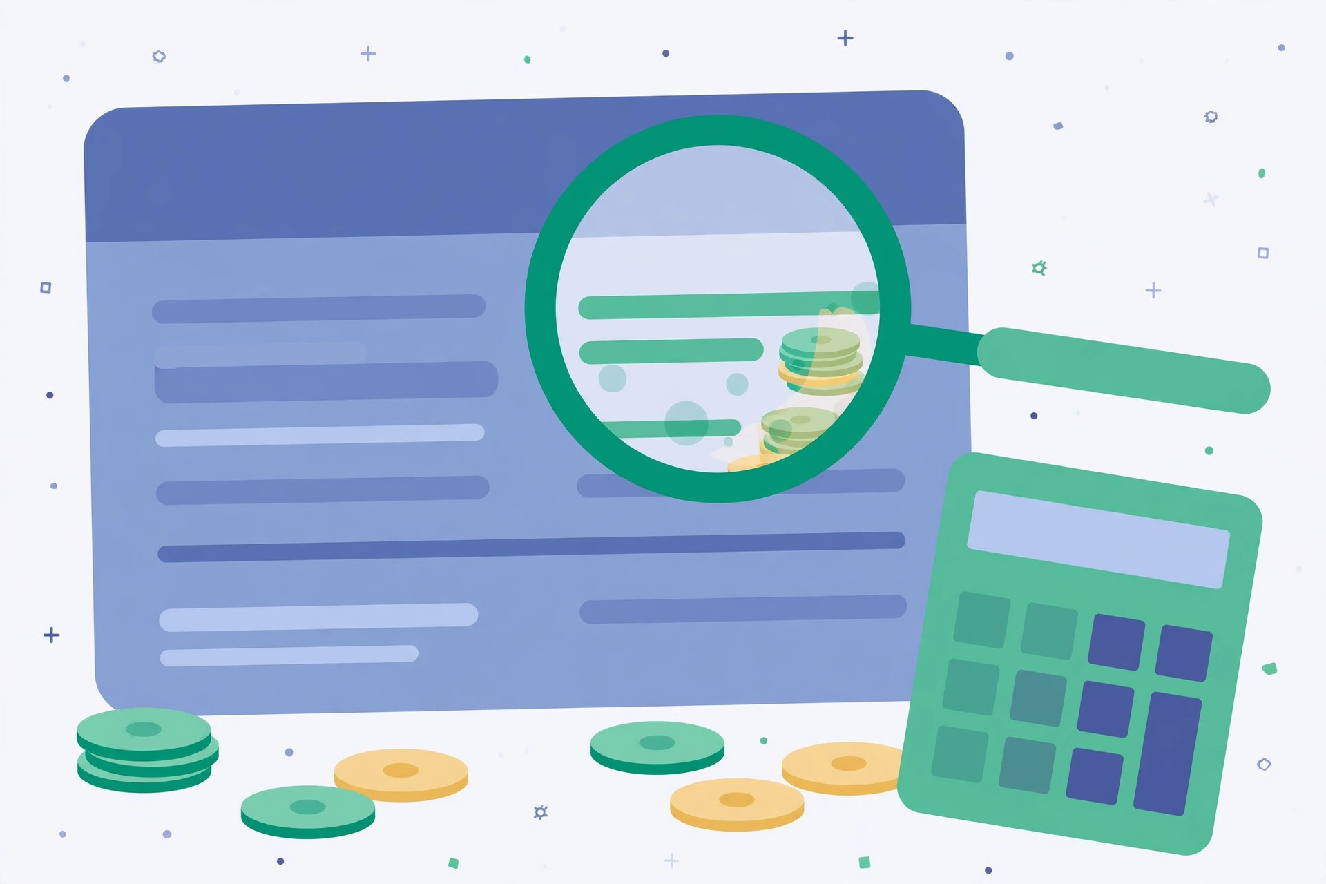 Paycheck with magnifying glass over dollar amounts, coins and calculator illustrating salary calculation