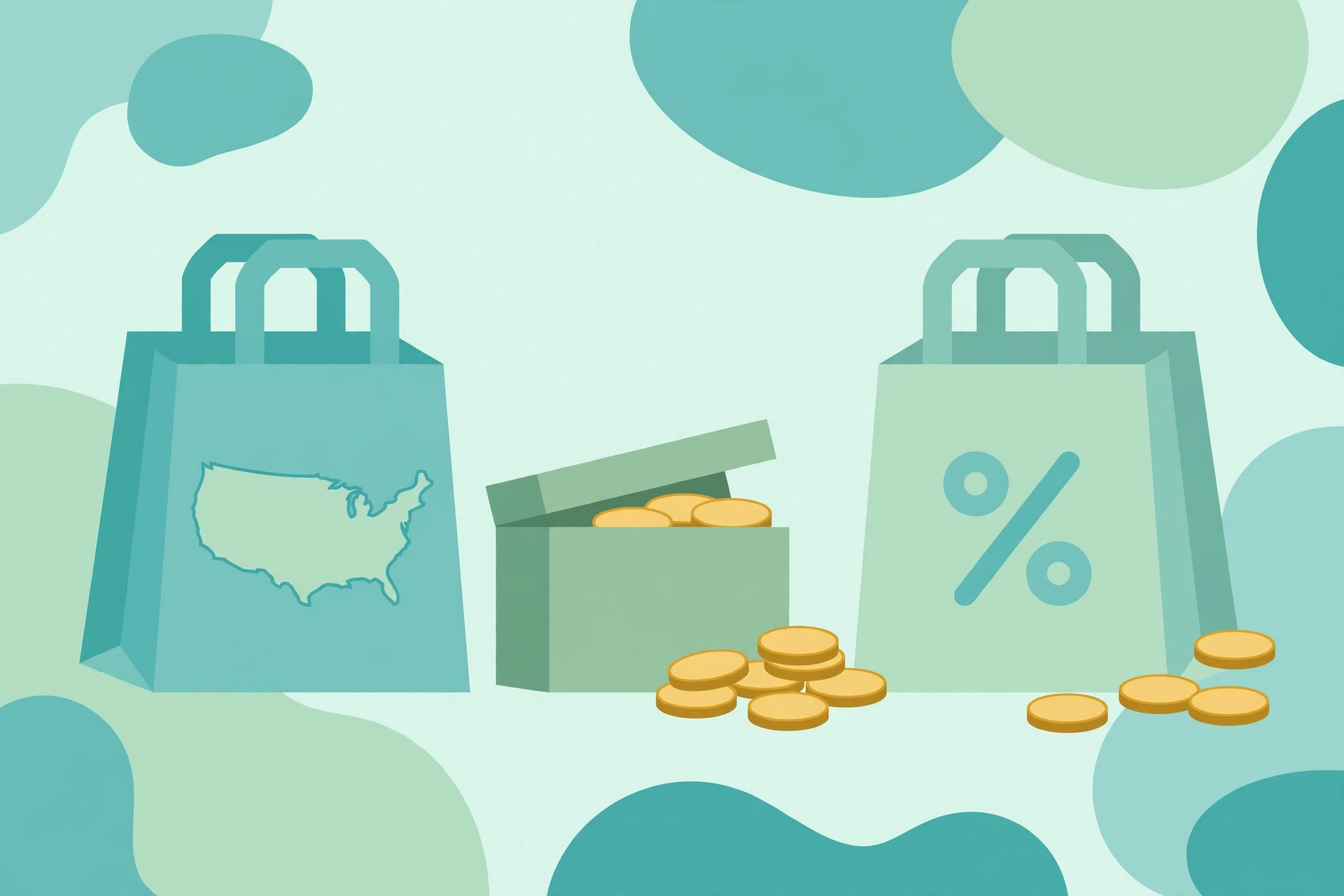 Shopping bags with a US map and percent signs, illustrating state sales tax rates