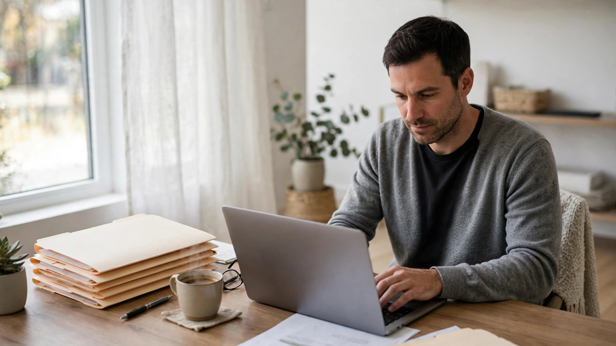 Freelancer working on a laptop in a home office with tax folders
