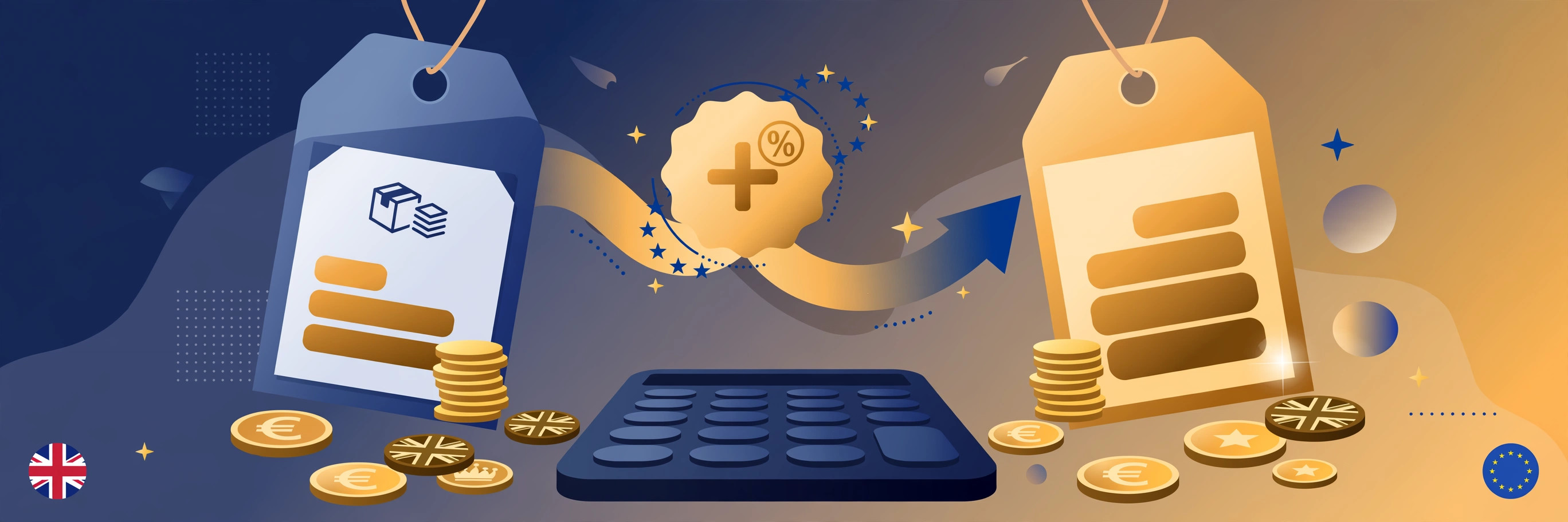 Price tag showing net price transforming into gross price with a VAT percentage badge, calculator and coins