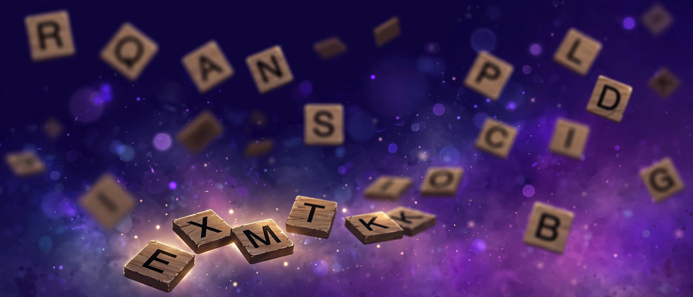 Scattered Scrabble-style letter tiles being unscrambled into words