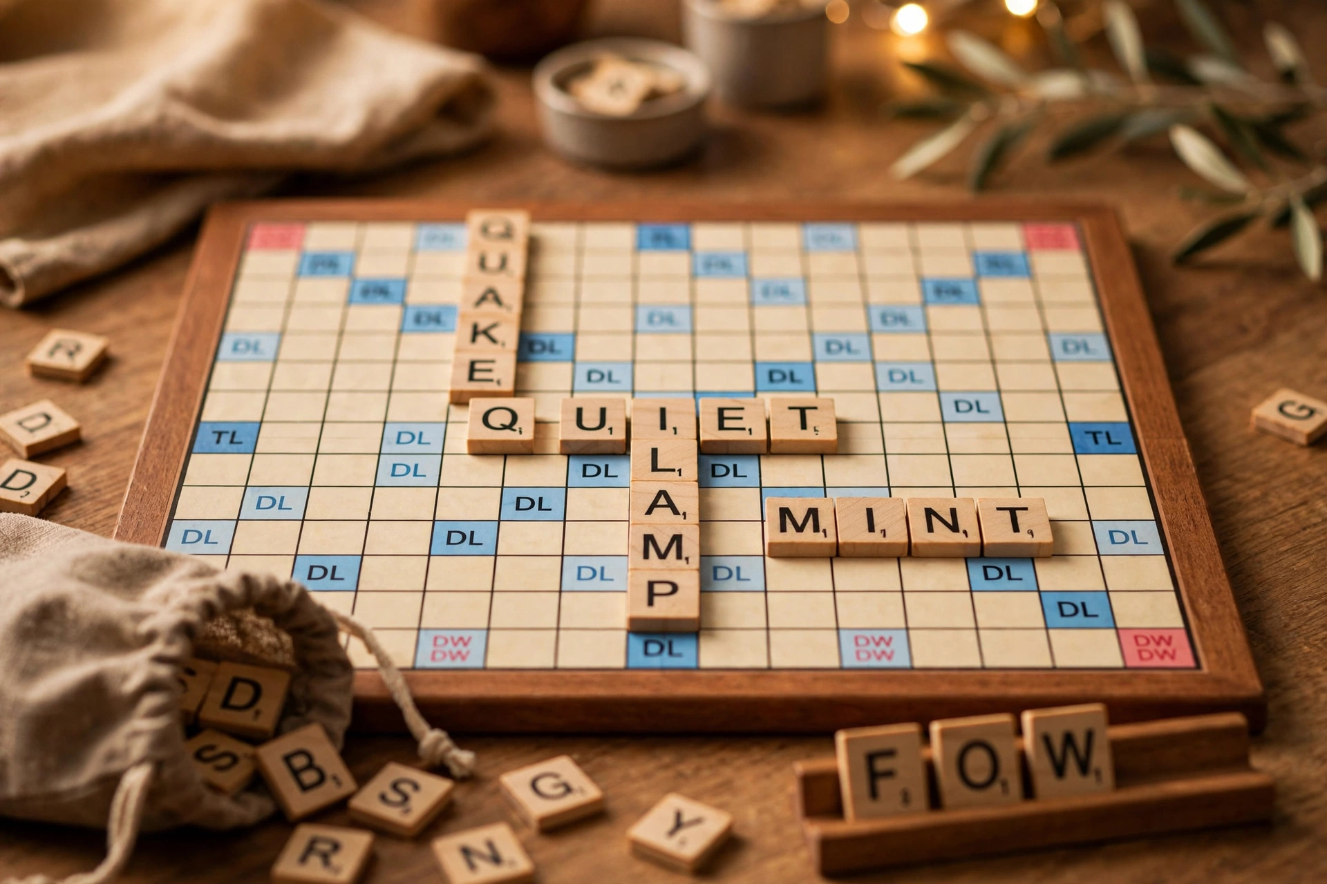 Scrabble board game with letter tiles forming crossing words